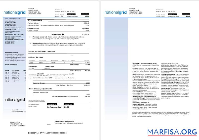 Downloadable USA Nationalgrid electric utility bill Word and PDF formats, 2 pages sample